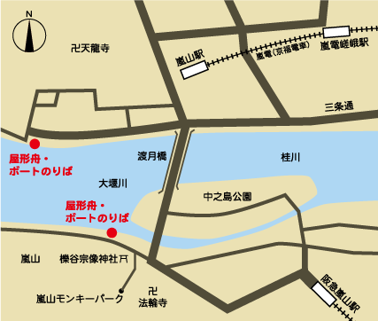 京都の船遊びの嵐山通船の地図